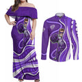 Hobart Hurricanes Couples Matching Off Shoulder Maxi Dress and Long Sleeve Button Shirt Aboriginal Dot Art Purple White - Tribal Wave Pattern