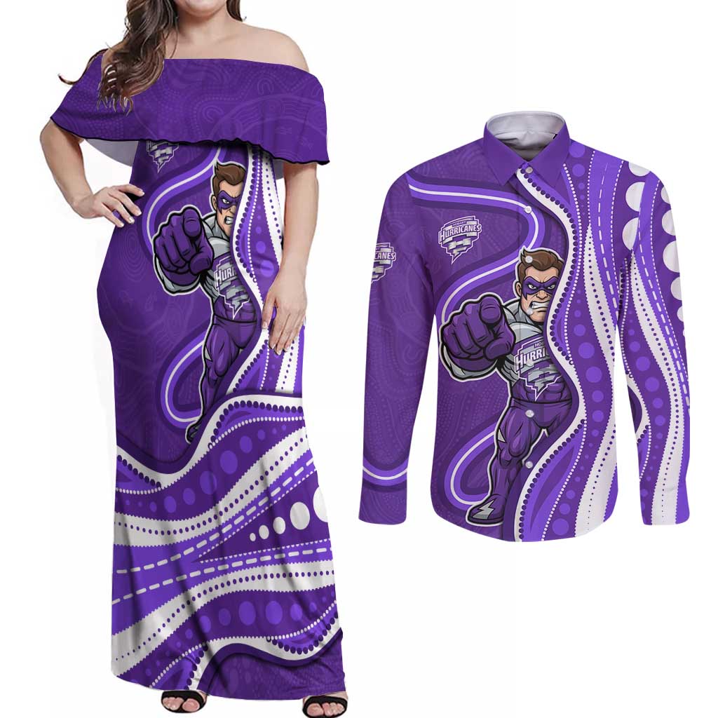 Hobart Hurricanes Couples Matching Off Shoulder Maxi Dress and Long Sleeve Button Shirt Aboriginal Dot Art Purple White - Tribal Wave Pattern
