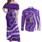 Hobart Hurricanes Couples Matching Off Shoulder Maxi Dress and Long Sleeve Button Shirt Aboriginal Dot Art Purple White - Tribal Wave Pattern