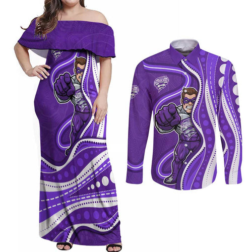 Hobart Hurricanes Couples Matching Off Shoulder Maxi Dress and Long Sleeve Button Shirt Aboriginal Dot Art Purple White - Tribal Wave Pattern