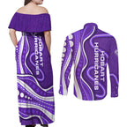 Hobart Hurricanes Couples Matching Off Shoulder Maxi Dress and Long Sleeve Button Shirt Aboriginal Dot Art Purple White - Tribal Wave Pattern
