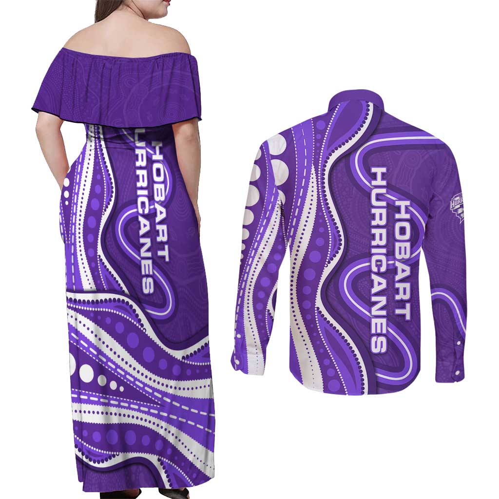 Hobart Hurricanes Couples Matching Off Shoulder Maxi Dress and Long Sleeve Button Shirt Aboriginal Dot Art Purple White - Tribal Wave Pattern