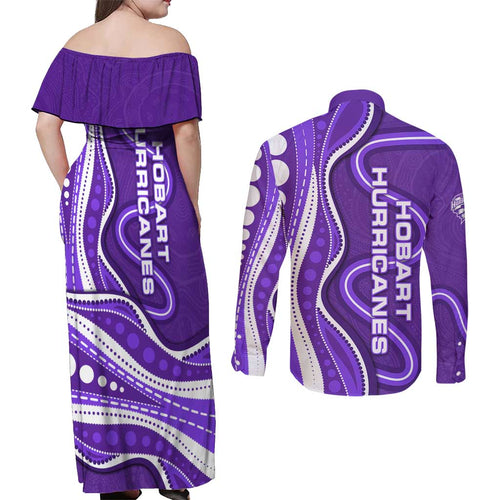 Hobart Hurricanes Couples Matching Off Shoulder Maxi Dress and Long Sleeve Button Shirt Aboriginal Dot Art Purple White - Tribal Wave Pattern
