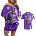 Hobart Hurricanes Couples Matching Off Shoulder Short Dress and Hawaiian Shirt Aboriginal Dot Art Purple White - Tribal Wave Pattern