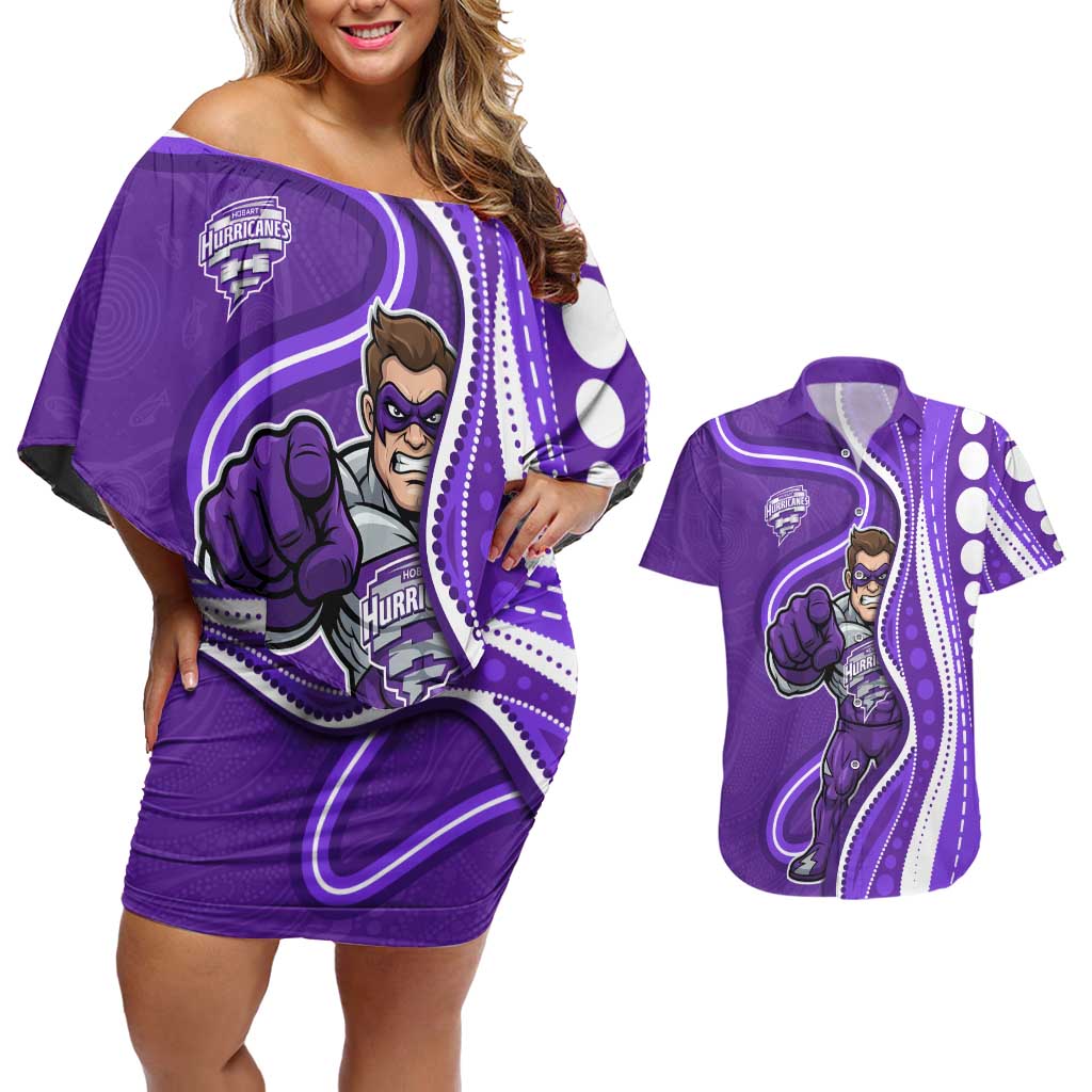 Hobart Hurricanes Couples Matching Off Shoulder Short Dress and Hawaiian Shirt Aboriginal Dot Art Purple White - Tribal Wave Pattern
