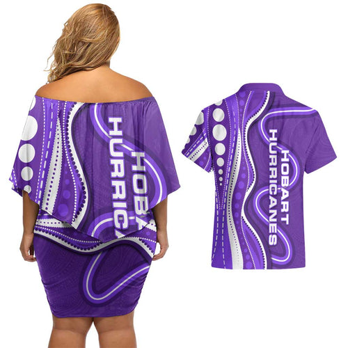 Hobart Hurricanes Couples Matching Off Shoulder Short Dress and Hawaiian Shirt Aboriginal Dot Art Purple White - Tribal Wave Pattern