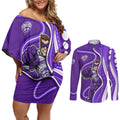 Hobart Hurricanes Couples Matching Off Shoulder Short Dress and Long Sleeve Button Shirt Aboriginal Dot Art Purple White - Tribal Wave Pattern