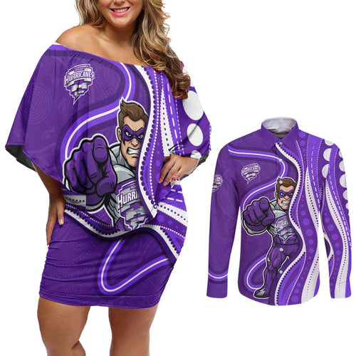 Hobart Hurricanes Couples Matching Off Shoulder Short Dress and Long Sleeve Button Shirt Aboriginal Dot Art Purple White - Tribal Wave Pattern