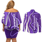 Hobart Hurricanes Couples Matching Off Shoulder Short Dress and Long Sleeve Button Shirt Aboriginal Dot Art Purple White - Tribal Wave Pattern