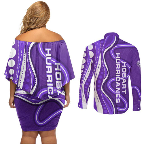 Hobart Hurricanes Couples Matching Off Shoulder Short Dress and Long Sleeve Button Shirt Aboriginal Dot Art Purple White - Tribal Wave Pattern