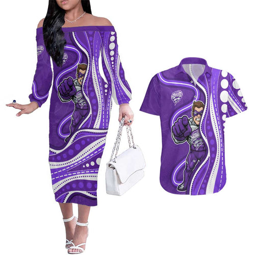 Hobart Hurricanes Couples Matching Off The Shoulder Long Sleeve Dress and Hawaiian Shirt Aboriginal Dot Art Purple White - Tribal Wave Pattern