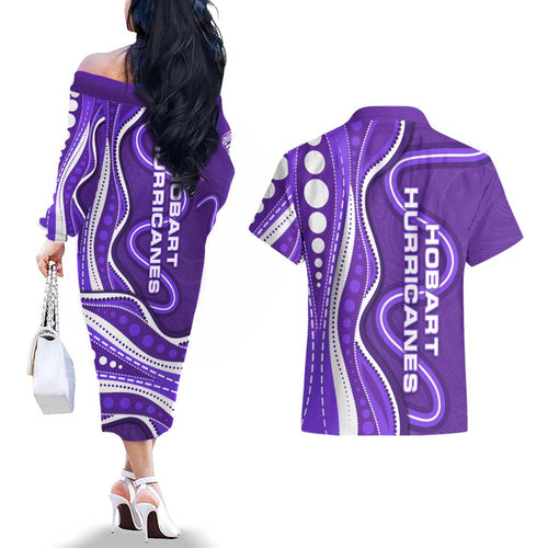 Hobart Hurricanes Couples Matching Off The Shoulder Long Sleeve Dress and Hawaiian Shirt Aboriginal Dot Art Purple White - Tribal Wave Pattern