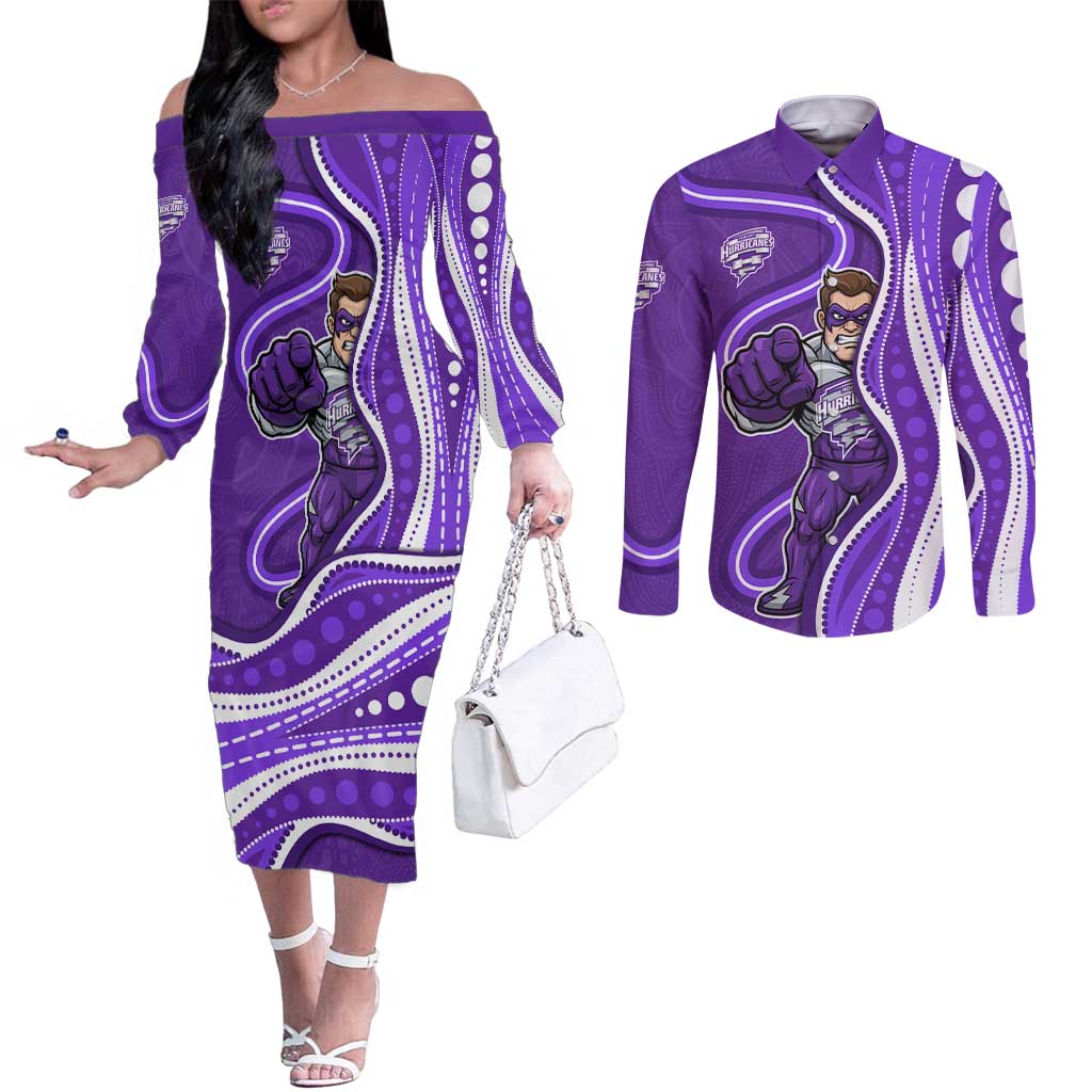 Hobart Hurricanes Couples Matching Off The Shoulder Long Sleeve Dress and Long Sleeve Button Shirt Aboriginal Dot Art Purple White - Tribal Wave Pattern