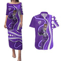 Hobart Hurricanes Couples Matching Puletasi and Hawaiian Shirt Aboriginal Dot Art Purple White - Tribal Wave Pattern
