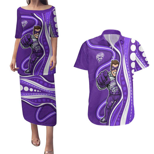 Hobart Hurricanes Couples Matching Puletasi and Hawaiian Shirt Aboriginal Dot Art Purple White - Tribal Wave Pattern