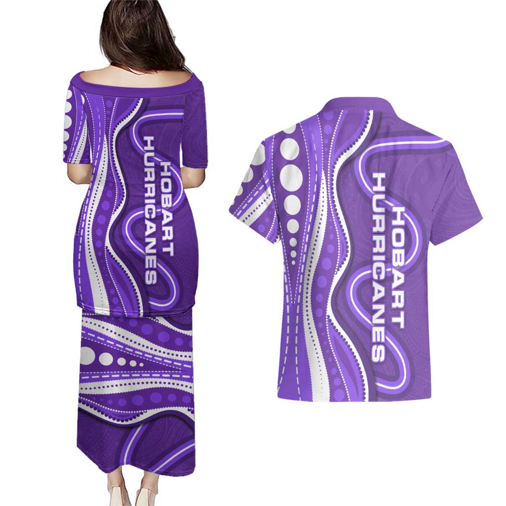 Hobart Hurricanes Couples Matching Puletasi and Hawaiian Shirt Aboriginal Dot Art Purple White - Tribal Wave Pattern