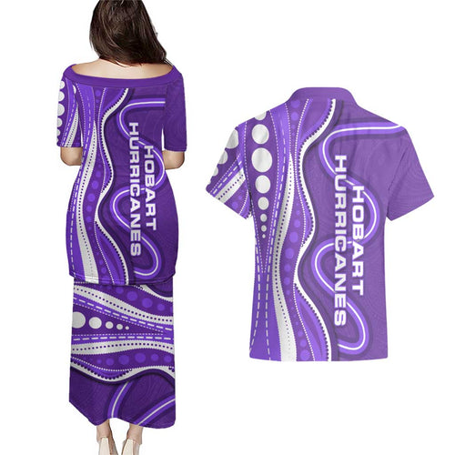 Hobart Hurricanes Couples Matching Puletasi and Hawaiian Shirt Aboriginal Dot Art Purple White - Tribal Wave Pattern
