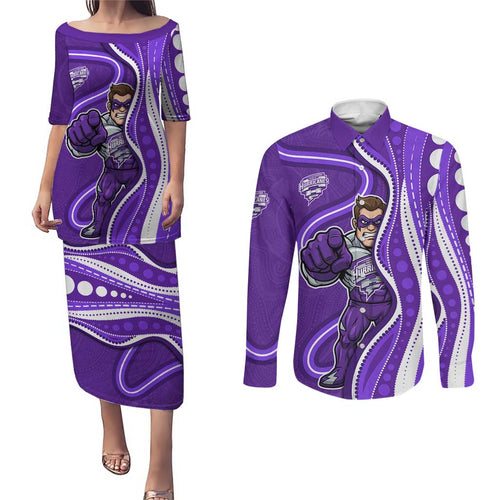 Hobart Hurricanes Couples Matching Puletasi and Long Sleeve Button Shirt Aboriginal Dot Art Purple White - Tribal Wave Pattern