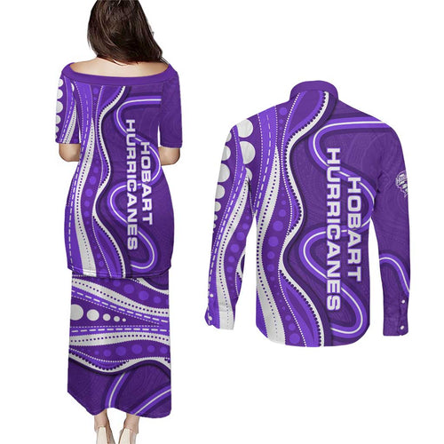 Hobart Hurricanes Couples Matching Puletasi and Long Sleeve Button Shirt Aboriginal Dot Art Purple White - Tribal Wave Pattern