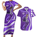 Hobart Hurricanes Couples Matching Short Sleeve Bodycon Dress and Hawaiian Shirt Aboriginal Dot Art Purple White - Tribal Wave Pattern