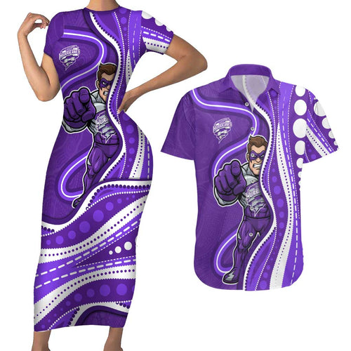 Hobart Hurricanes Couples Matching Short Sleeve Bodycon Dress and Hawaiian Shirt Aboriginal Dot Art Purple White - Tribal Wave Pattern