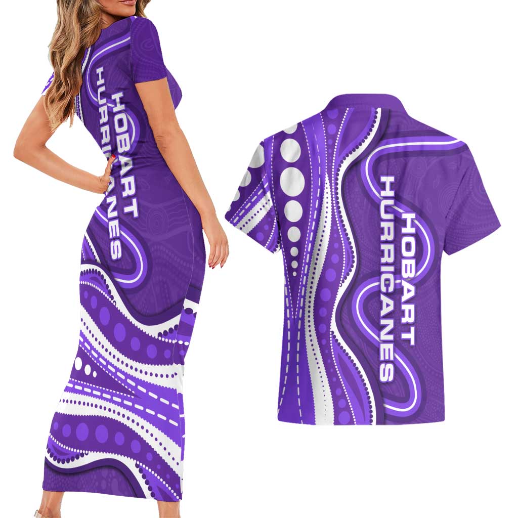 Hobart Hurricanes Couples Matching Short Sleeve Bodycon Dress and Hawaiian Shirt Aboriginal Dot Art Purple White - Tribal Wave Pattern