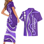 Hobart Hurricanes Couples Matching Short Sleeve Bodycon Dress and Hawaiian Shirt Aboriginal Dot Art Purple White - Tribal Wave Pattern