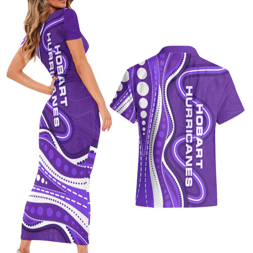 Hobart Hurricanes Couples Matching Short Sleeve Bodycon Dress and Hawaiian Shirt Aboriginal Dot Art Purple White - Tribal Wave Pattern