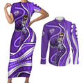 Hobart Hurricanes Couples Matching Short Sleeve Bodycon Dress and Long Sleeve Button Shirt Aboriginal Dot Art Purple White - Tribal Wave Pattern