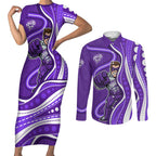 Hobart Hurricanes Couples Matching Short Sleeve Bodycon Dress and Long Sleeve Button Shirt Aboriginal Dot Art Purple White - Tribal Wave Pattern