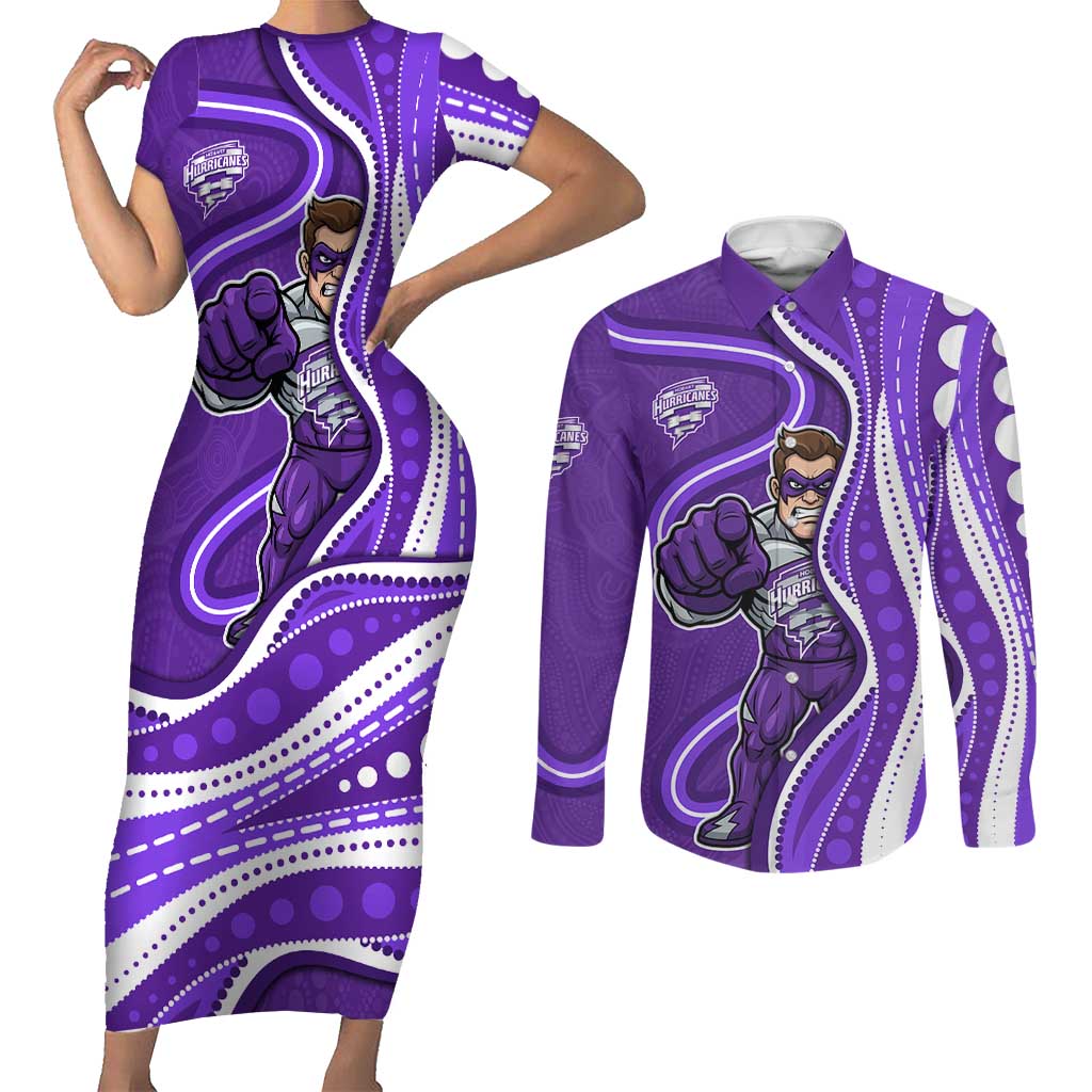 Hobart Hurricanes Couples Matching Short Sleeve Bodycon Dress and Long Sleeve Button Shirt Aboriginal Dot Art Purple White - Tribal Wave Pattern