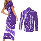 Hobart Hurricanes Couples Matching Short Sleeve Bodycon Dress and Long Sleeve Button Shirt Aboriginal Dot Art Purple White - Tribal Wave Pattern
