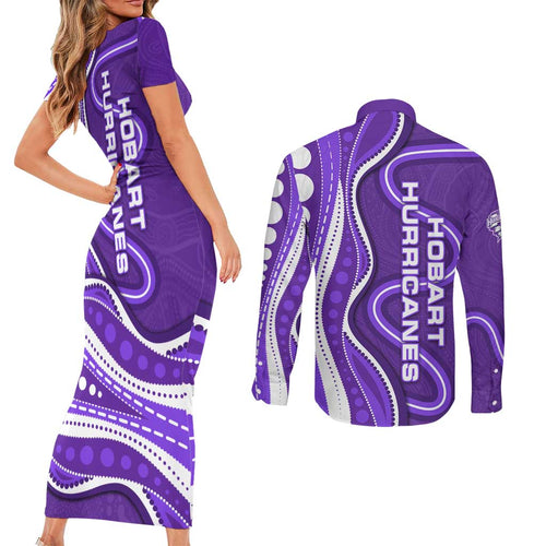 Hobart Hurricanes Couples Matching Short Sleeve Bodycon Dress and Long Sleeve Button Shirt Aboriginal Dot Art Purple White - Tribal Wave Pattern