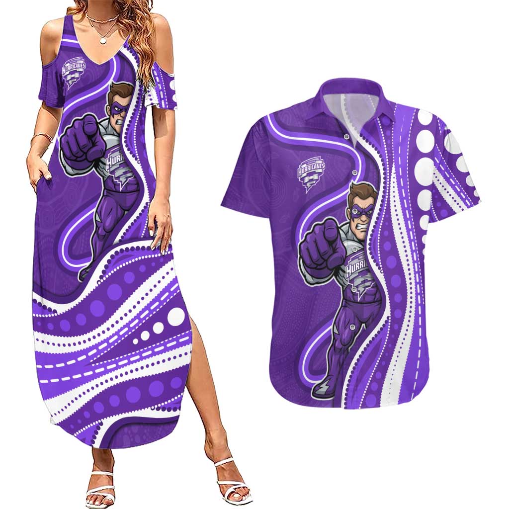 Hobart Hurricanes Couples Matching Summer Maxi Dress and Hawaiian Shirt Aboriginal Dot Art Purple White - Tribal Wave Pattern