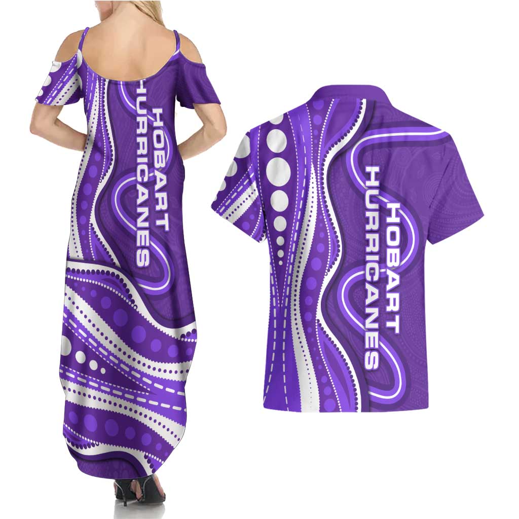 Hobart Hurricanes Couples Matching Summer Maxi Dress and Hawaiian Shirt Aboriginal Dot Art Purple White - Tribal Wave Pattern