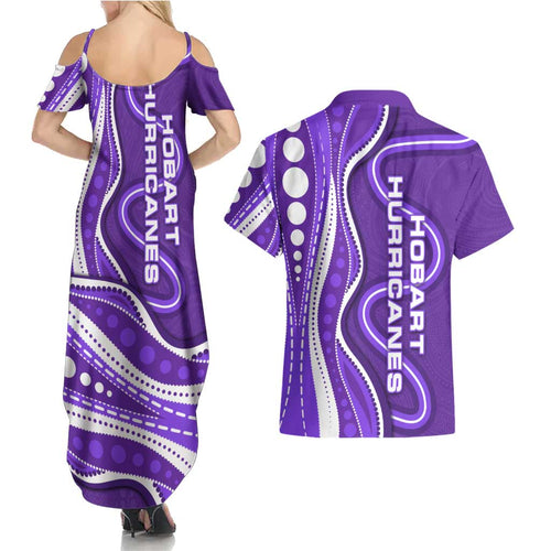 Hobart Hurricanes Couples Matching Summer Maxi Dress and Hawaiian Shirt Aboriginal Dot Art Purple White - Tribal Wave Pattern