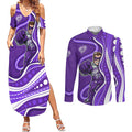 Hobart Hurricanes Couples Matching Summer Maxi Dress and Long Sleeve Button Shirt Aboriginal Dot Art Purple White - Tribal Wave Pattern