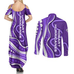 Hobart Hurricanes Couples Matching Summer Maxi Dress and Long Sleeve Button Shirt Aboriginal Dot Art Purple White - Tribal Wave Pattern