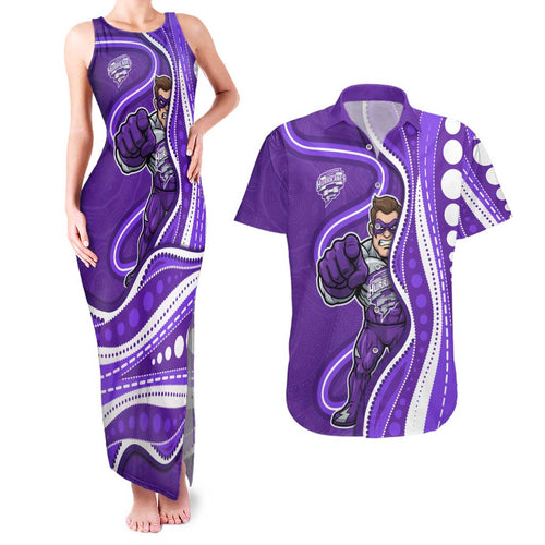 Hobart Hurricanes Couples Matching Tank Maxi Dress and Hawaiian Shirt Aboriginal Dot Art Purple White - Tribal Wave Pattern