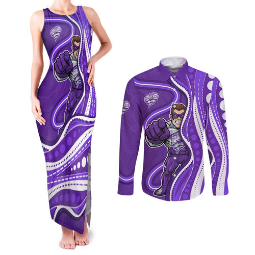Hobart Hurricanes Couples Matching Tank Maxi Dress and Long Sleeve Button Shirt Aboriginal Dot Art Purple White - Tribal Wave Pattern
