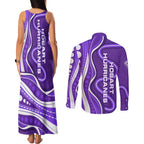 Hobart Hurricanes Couples Matching Tank Maxi Dress and Long Sleeve Button Shirt Aboriginal Dot Art Purple White - Tribal Wave Pattern
