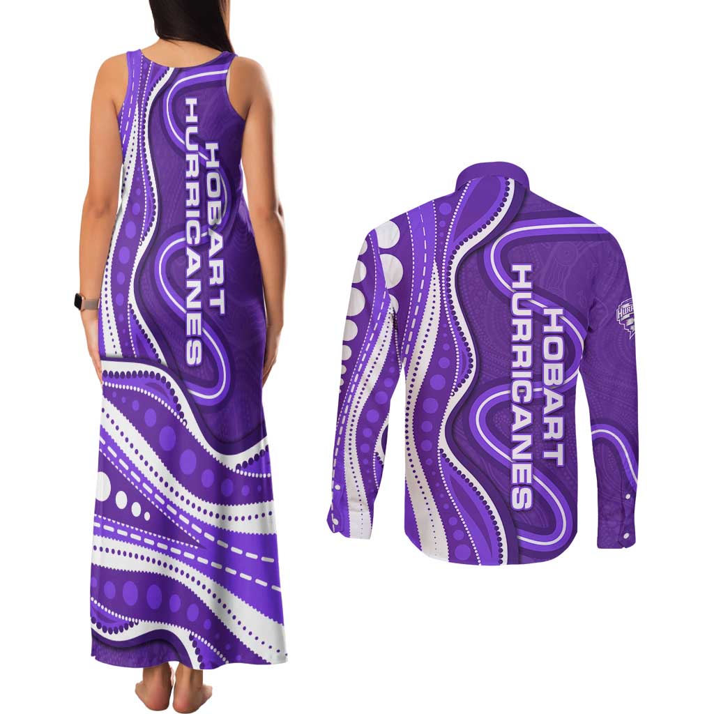 Hobart Hurricanes Couples Matching Tank Maxi Dress and Long Sleeve Button Shirt Aboriginal Dot Art Purple White - Tribal Wave Pattern