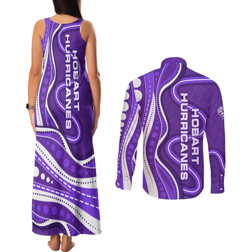 Hobart Hurricanes Couples Matching Tank Maxi Dress and Long Sleeve Button Shirt Aboriginal Dot Art Purple White - Tribal Wave Pattern