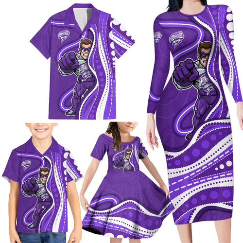Hobart Hurricanes Family Matching Long Sleeve Bodycon Dress and Hawaiian Shirt Aboriginal Dot Art Purple White - Tribal Wave Pattern