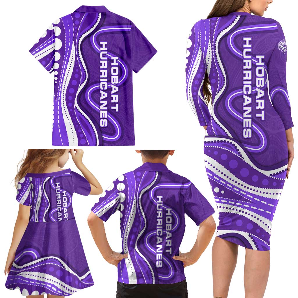 Hobart Hurricanes Family Matching Long Sleeve Bodycon Dress and Hawaiian Shirt Aboriginal Dot Art Purple White - Tribal Wave Pattern