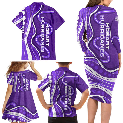 Hobart Hurricanes Family Matching Long Sleeve Bodycon Dress and Hawaiian Shirt Aboriginal Dot Art Purple White - Tribal Wave Pattern