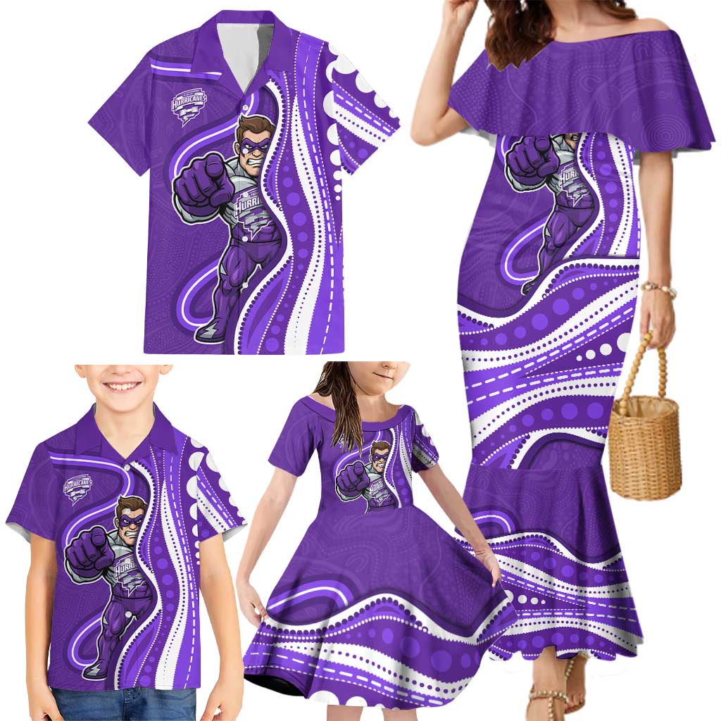 Hobart Hurricanes Family Matching Mermaid Dress and Hawaiian Shirt Aboriginal Dot Art Purple White - Tribal Wave Pattern