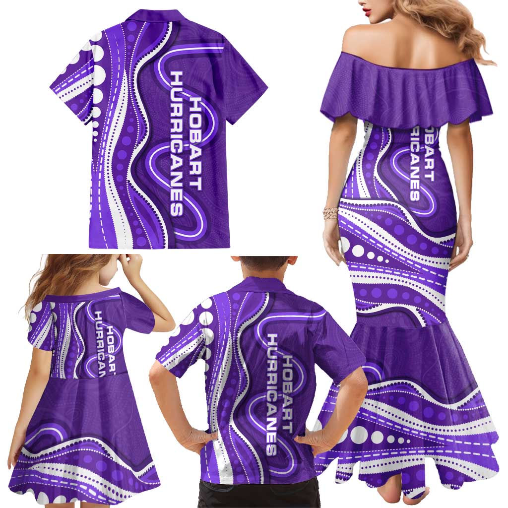 Hobart Hurricanes Family Matching Mermaid Dress and Hawaiian Shirt Aboriginal Dot Art Purple White - Tribal Wave Pattern