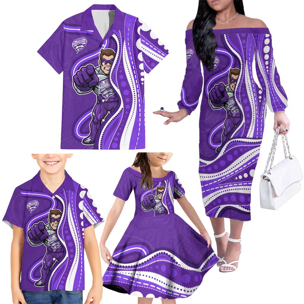 Hobart Hurricanes Family Matching Off The Shoulder Long Sleeve Dress and Hawaiian Shirt Aboriginal Dot Art Purple White - Tribal Wave Pattern