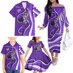 Hobart Hurricanes Family Matching Off The Shoulder Long Sleeve Dress and Hawaiian Shirt Aboriginal Dot Art Purple White - Tribal Wave Pattern
